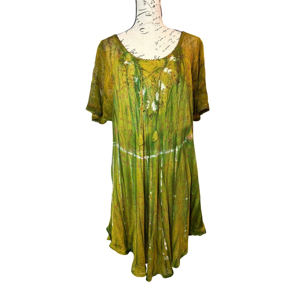 Advance Apparels Green Tie Dye Tunic Dress Womens Free Size Boho Sequin Beaded